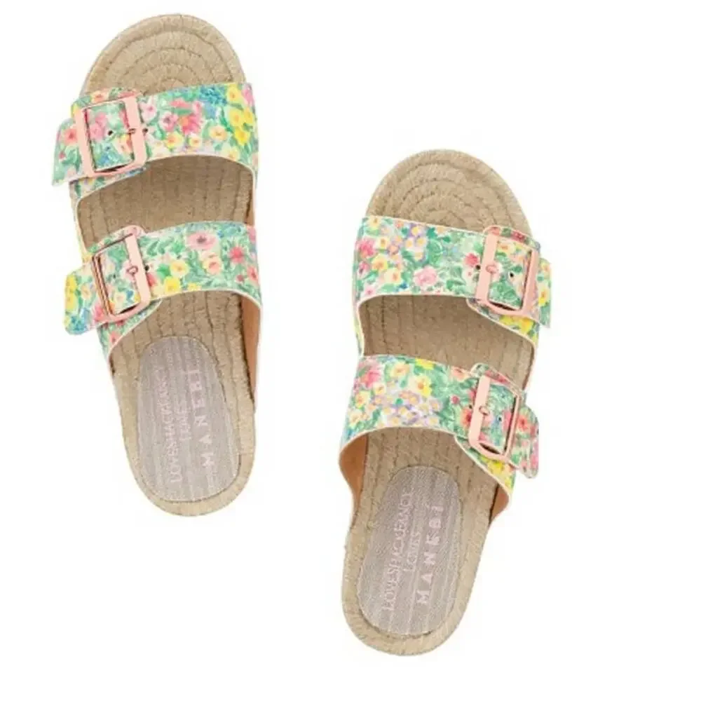 LoveShackFancy x Manebí Nordic Floral Leather Espadrille Slides - Rainbow Skies